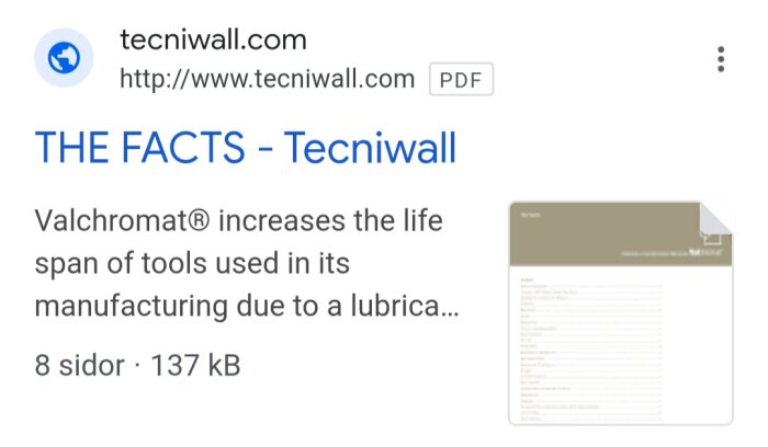 Förhandsgranskning av PDF från tecniwall.com om Valchromats verktygsvänliga egenskaper och smörjämnen, 8 sidor, 137 kB.