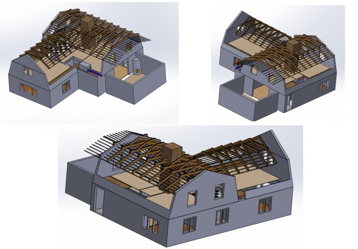 3D-modell av ett hus med synliga takbjälkar och byggnadsdelar, visar planerad ventilationsinstallation och struktur för renoveringsprojekt.