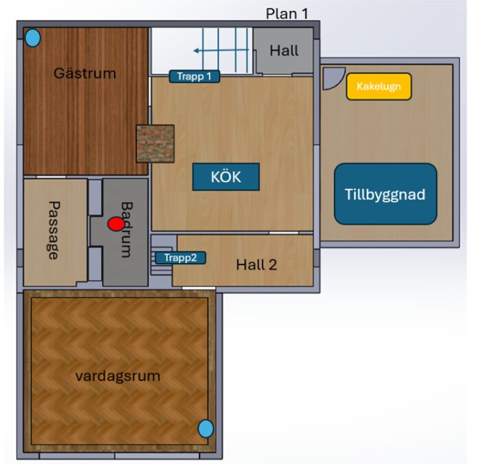 Planskiss över bottenvåning för renovering av 40-talshus med rum markerade, inklusive kök, vardagsrum, gästrum, badrum och tillbyggnad.