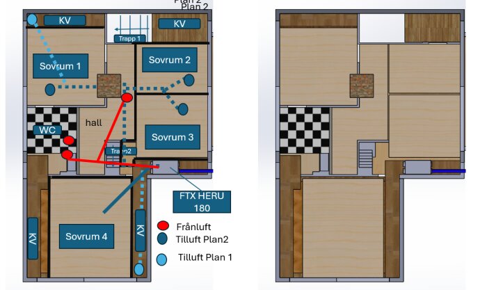 Planlösning för ett hus med FTX-system, markerade kanaler för frånluft och tilluft i sovrum, WC och hall. FTX HERU 180 angiven.