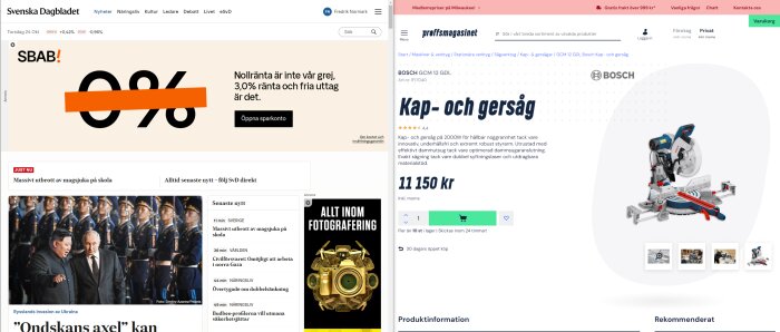 Webbsida med kap- och gersåg till salu för 11 150 kr på Proffsmagasinet; SvD-sida med rubriker och annonser.