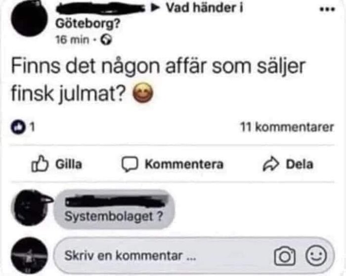 Skärmdump av inlägg på sociala medier där någon frågar om en affär som säljer finsk julmat och en annan person föreslår Systembolaget.