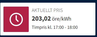 Aktuellt elpris 203,02 öre/kWh för timintervallet 17:00-18:00.