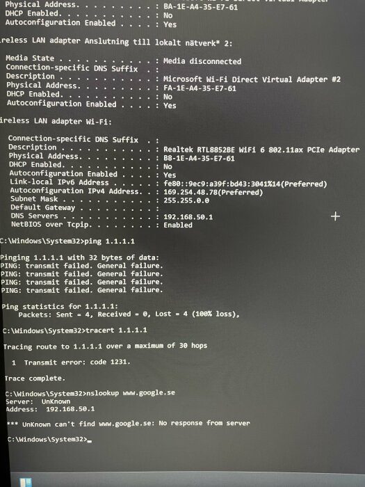 Skärmdump av ett kommandofönster i Windows 11 med nätverksinformation och felmeddelanden vid ping och nslookup.