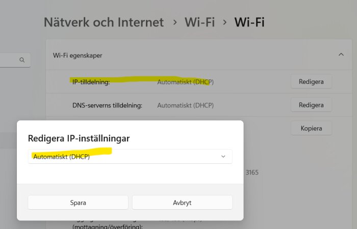 Skärmbild av nätverksinställningar för Wi-Fi med alternativ för automatisk DHCP-aktivering under IP-tilldelning.