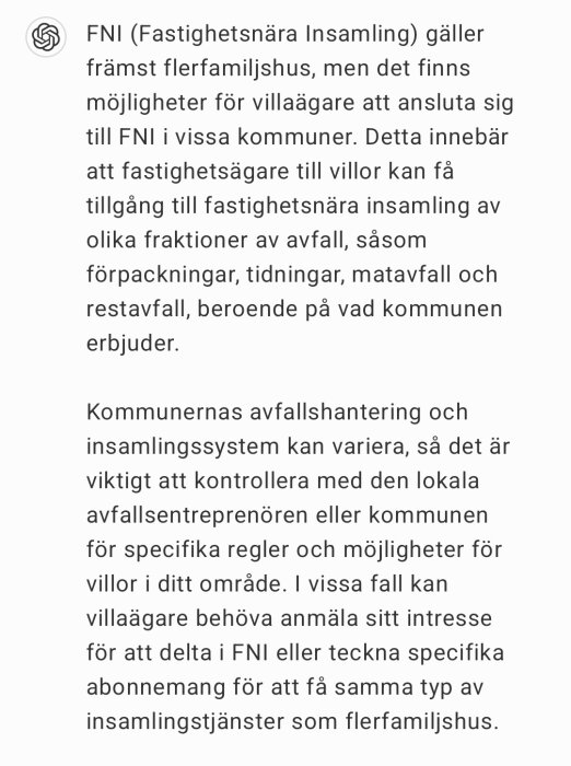 Text om FNI och möjligheter för villaägare att delta i fastighetsnära insamling av avfall i vissa kommuner.