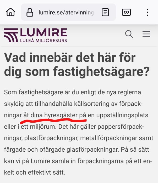 Lumire webbtext om fastighetsägares skyldigheter vid källsortering av förpackningar för hyresgäster, markering av textavsnitt.