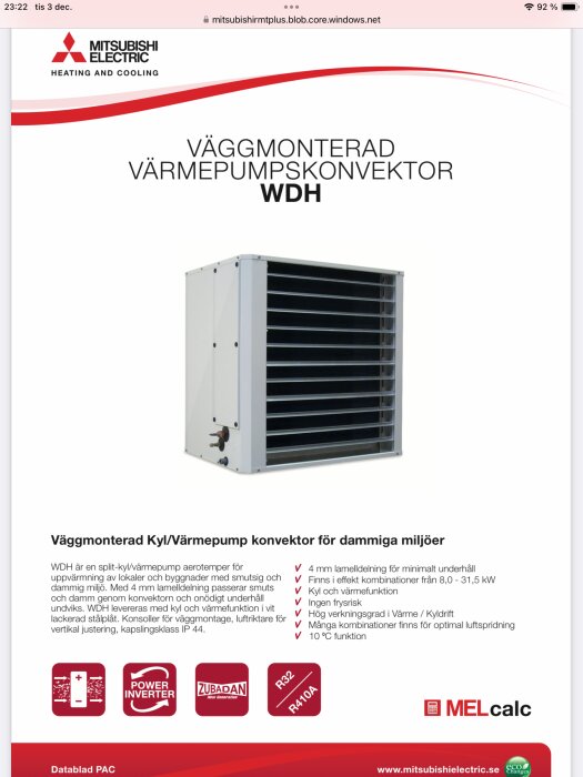 Väggmonterad Mitsubishi värmepumpkonvektor WDH för dammiga miljöer, med kyla och värme, hög verkningsgrad och minimal underhållsbehov.