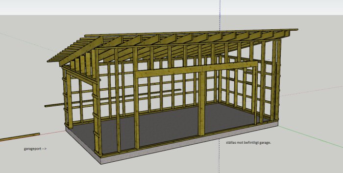 3D-modell av garageutbyggnad med pulpettak och avväxling. Konstruktionen visas med en bärlina och hammarband på 3400 mm höjd.