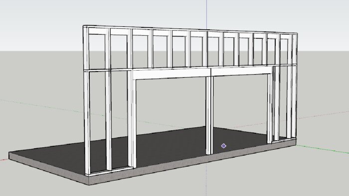 Digital skiss av en väggregelstomme på en betongplatta, med öppningar för fönster eller dörrar.