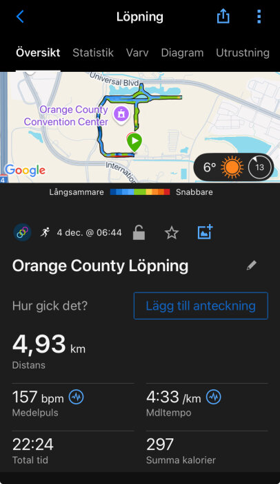 Karta över löprunda vid Orange County Convention Center på 4,93 km; tid 22:24, med 6°C temperatur.