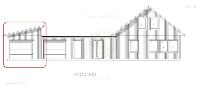 Arkitektskiss av husfasad med garageingång markerad i rött. Flera fönster och dörrar syns på byggnaden.