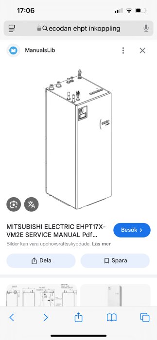 Ritning av Mitsubishi Electric EHPT17X, med fokusering på toppen där säkerhetsventil saknas enligt användaren.