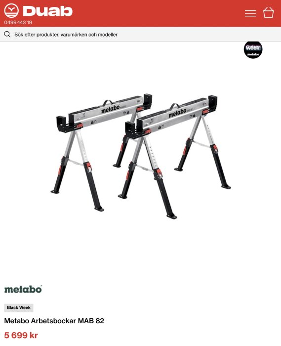 Metabo arbetsbockar MAB 82, hopfällbara med justerbara ben, visade på Duabs hemsida med pris 5 699 kr.