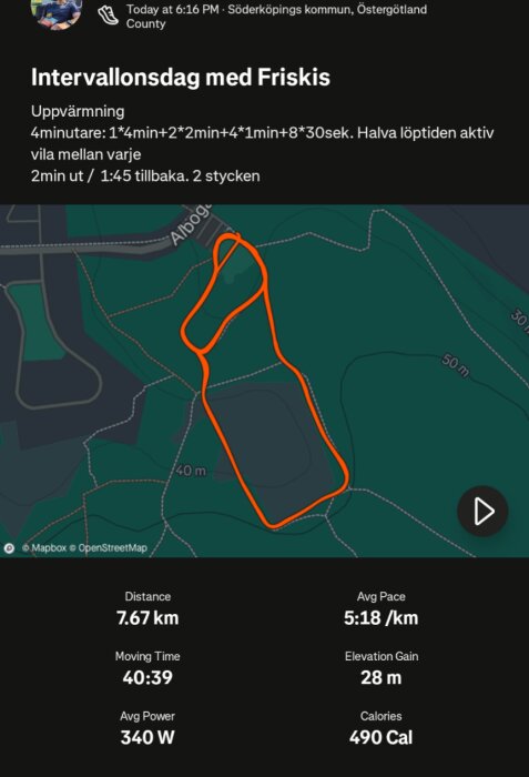 Karta över löprunda i Söderköping med Friskis, distans 7,67 km, tempo 5:18 min/km, stigning 28 m, kalorier 490.