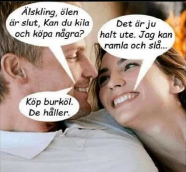 Ett par som ligger nära varandra, båda ler. De pratar om att köpa öl, där mannen föreslår burköl. Textbubblor visar deras samtal.