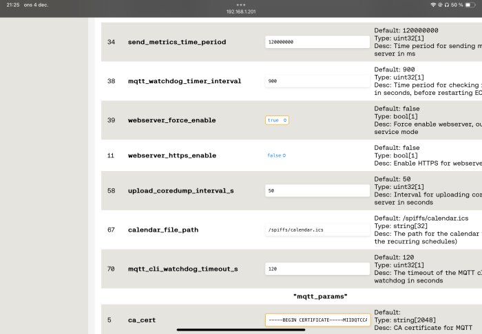 Webbgränssnitt för inställningar, visar parametrar som webserver_force_enable, mqtt_watchdog_timer_interval med olika standardvärden och typer.