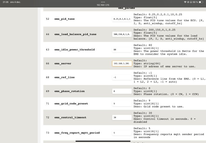 Webbgränssnitt som visar EMS-serverinställningar och IP-adresser för systemkonfiguration.