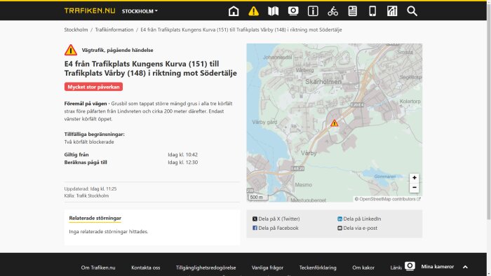 Karta som visar trafikpåverkan på E4 mellan Kungens Kurva och Vårby med varningstriangel och vägbeskrivning.