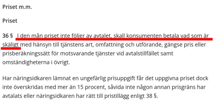 Text från Konsumenttjänstlagen om priset, paragraf 36, med understrykningar.