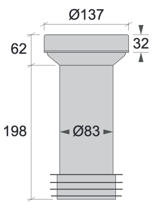 Måttskiss av stosen från JAFO med specifika dimensioner: diameter 137 mm upptill, 83 mm nedtill, höjd 198 mm, och olika delmått beskrivna.