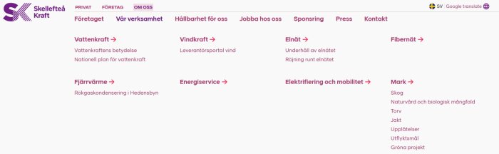 Webbsida för Skellefteå Kraft, visar menyer för vattenkraft, vindkraft, fjärrvärme, elnät med mera, inget om kärnkraft.