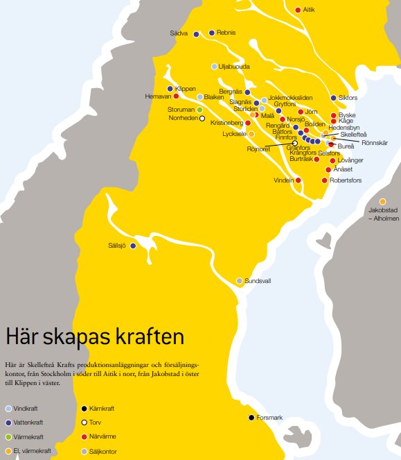 Karta över Skellefteå Krafts kraftverk och säljkontor i Sverige och Finland, markerade med olika färger för energityper, inklusive kärnkraft och vattenkraft.