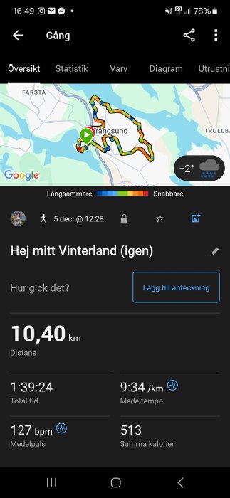 Skärmbild av träningsapp som visar en gångtur på 10,40 km i Trångsund. Detaljer inkluderar tid, medeltempo, medelpuls och temperatur på -2 grader.