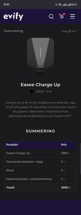 Produktbild av Easee Charge Up laddbox med prisuppgifter och specifikationer för standardinstallation och lastbalansering för 5990 kr.