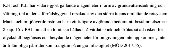 Textutdrag från Mark- och miljööverdomstolens dom gällande olägenheter av rotsystem och grundvattensänkning, hänvisning till PBL 8 kap. 15 §.