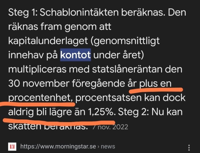 Textbeskrivning av skatteberäkning för ISK där schablonintäkt beräknas utifrån statslåneränta plus en procentenhet, aldrig under 1,25%.