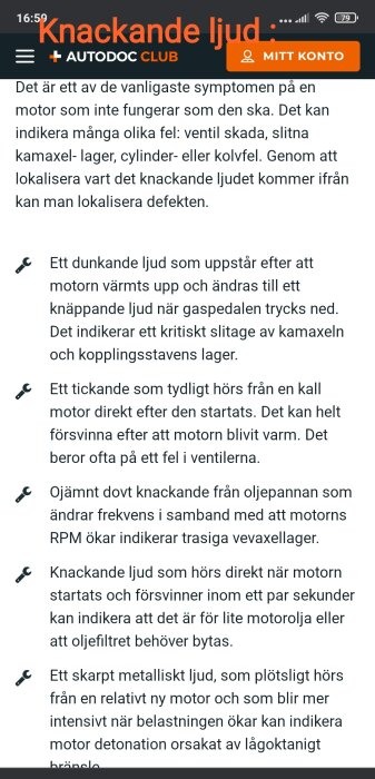 Skärmbild av diskussionsforum med text om symptom på motorproblem, inklusive metalliskt och knackande ljud, och deras möjliga orsaker.