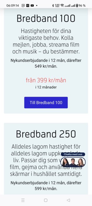 Två annonser för bredbandstjänster: "Bredband 100" för 399 kr/mån och "Bredband 250" för 599 kr/mån, med olika hastigheter och erbjudanden.