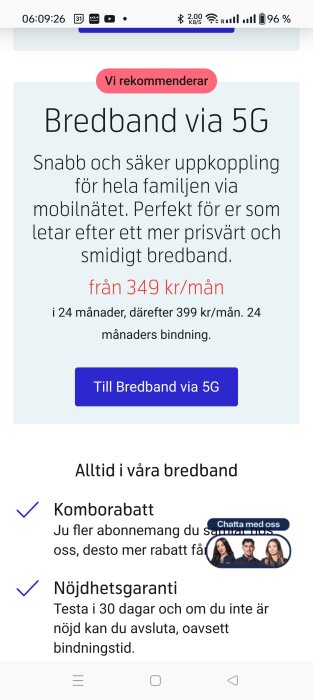 Annons för bredband via 5G med erbjudande från 349 kr/mån, 24 månaders bindning. Inkluderar komborabatt och nöjdhetsgaranti.