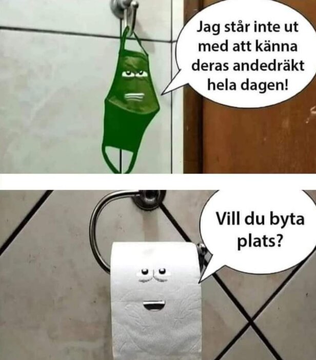 Tecknad ansiktsmask klagar på dålig andedräkt medan en toalettrulle erbjuder att byta plats i pratbubblor på en humoristisk illustration.