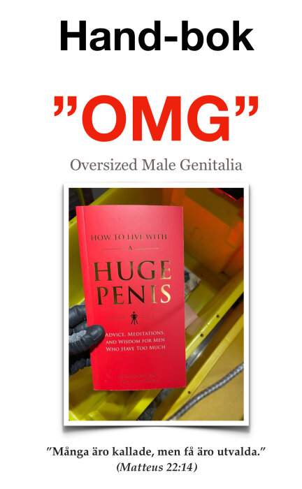 Röd bok om manlig anatomi med titeln "How to Live with a Huge Penis". Kanske ett humoristiskt boktips för de som tror de har allt.