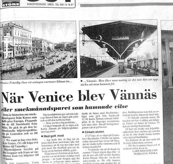 Tidningsartikel med bilder av Venedigs kanaler och en järnvägsstation i Vännäs, med rubrik "När Venice blev Vännäs".