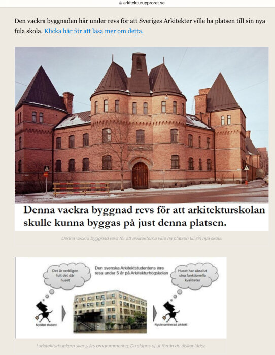 En gammal tegelbyggnad med torn på vintern. Text under bilden: "Denna vackra byggnad revs för att arkitektskolan ville ha platsen till sin nya skola.