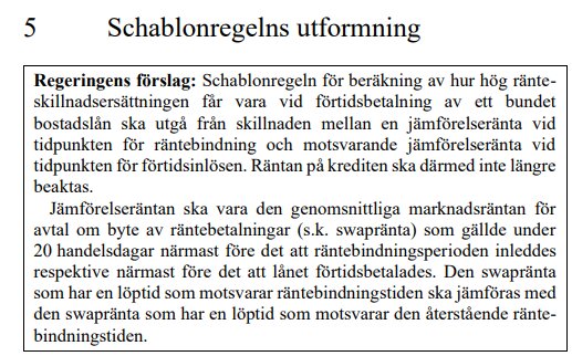 Lagrådsremissens text om schablonregeln för beräkning av ränteskillnadsersättning vid förtidsbetalning av bostadslån.