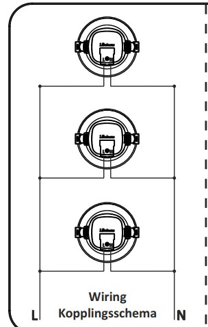 Parallellkopplingsschema för tre lampor som drivs av en dimmer, med ledningar märkta L och N.