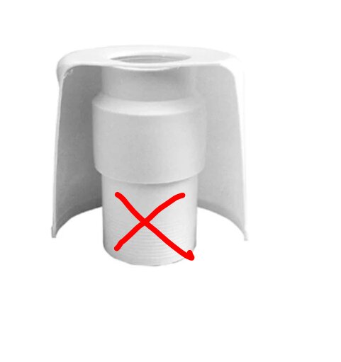 Vattenlås med rött kryss över 50mm röranslutning, problem med installation beskrivs i text.