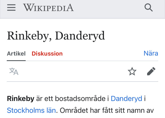 Wikipedia-sida om Rinkeby i Danderyd, Stockholms län.