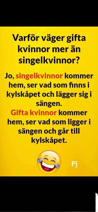 Textbild med skämt om varför gifta kvinnor väger mer än singelkvinnor, innehåller ett skrattande emoji.