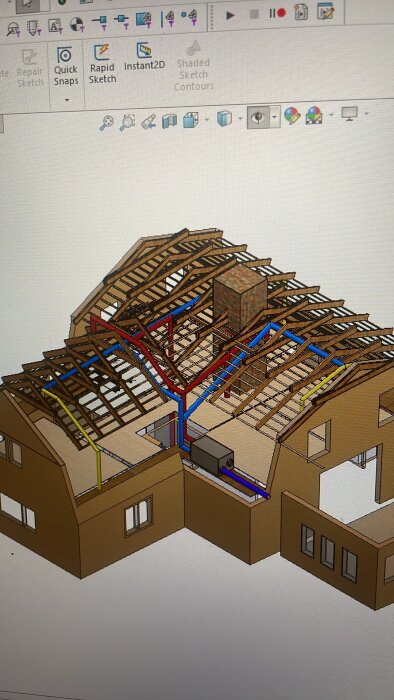 3D-modell av ett hus med kanaldragning; gula rör för 125 mm, blå för 160 mm, och röda för frånluft, visas mot en vit bakgrund.