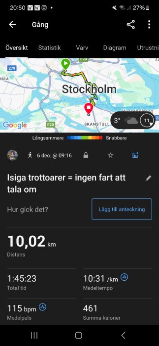 Karta över gångrutt i Stockholm från en Garmin-app, totala distansen 10,02 km, medeltempos 10:31/km, medelpuls 115 bpm.