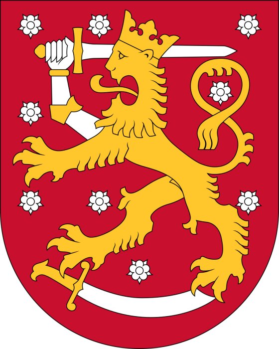 Röd sköld med gult, krönt lejon som håller ett svärd, omgiven av nio vita rosor.