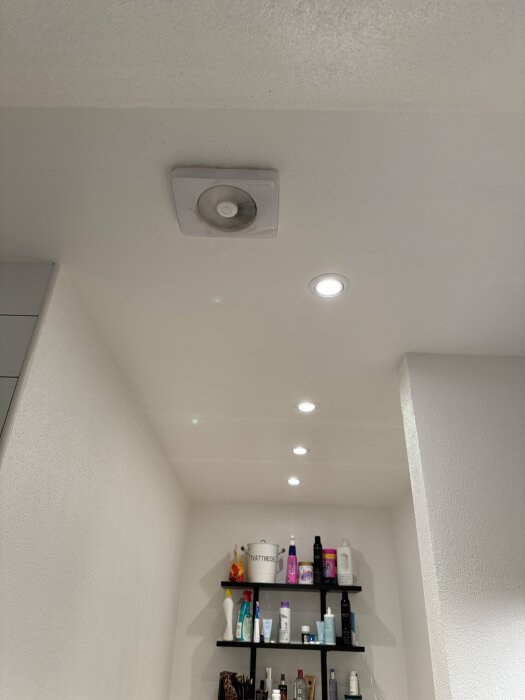 Tak i badrum med ventilationslucka och infällda spotlights, hylla med tvättmedel och rengöringsprodukter.