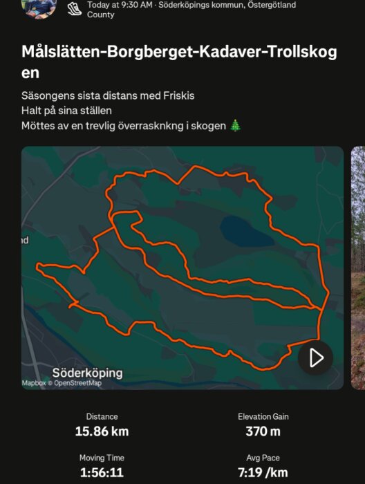 Karta över en löprunda i Söderköping med en rutt på 15,86 km, distans 1:56:11, höjdökning 370 m, snittfart 7:19/km.