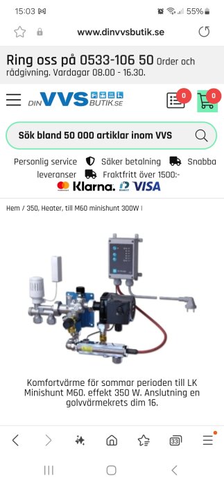 Bild på en LK Minishunt M60 med 350W effekt, använd för golvvärmesystem. Komponenterna visas tydligt bredvid en kontrollenhet.