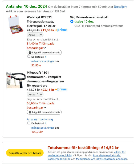 Screenshot av Amazon-beställning med träreparationssats och dammuppsamlingssystem; totalpris 614,52 kr med leverans den 10 dec.